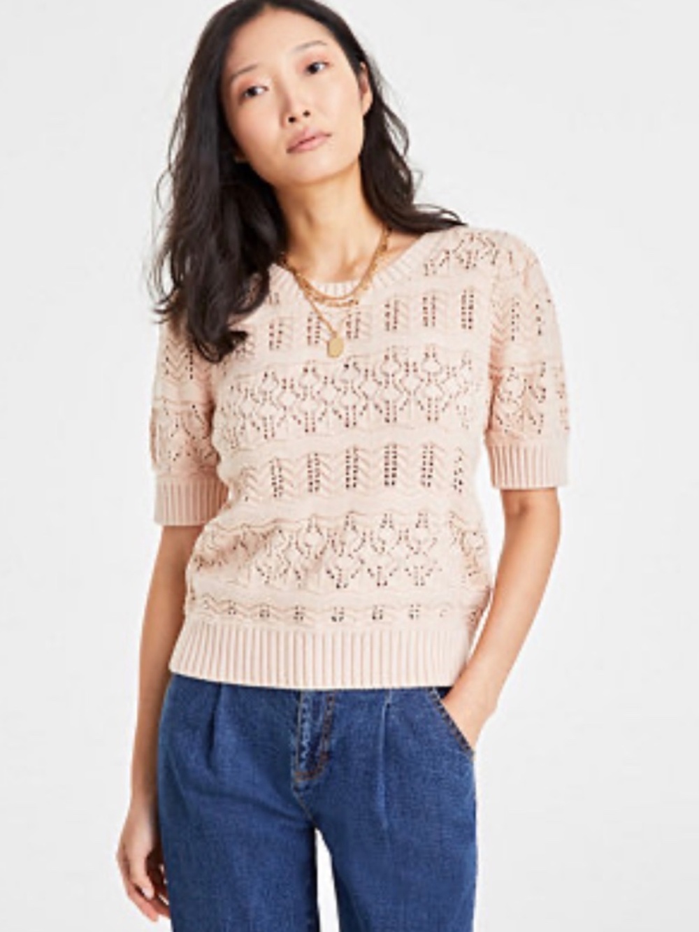 Edge Pink Pointelle Knit Short Sleeve Women Crewneck Sweater Small EUC
